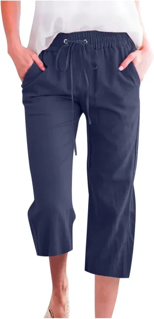 Loose Linen Capri Pants For Women High Waisted Loose Yoga Sweatpants Summer Drawstring Cropped Trouser with Pockets