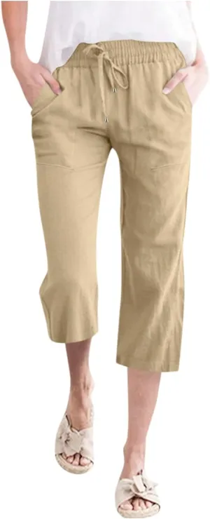 Loose Linen Capri Pants For Women High Waisted Loose Yoga Sweatpants Summer Drawstring Cropped Trouser with Pockets