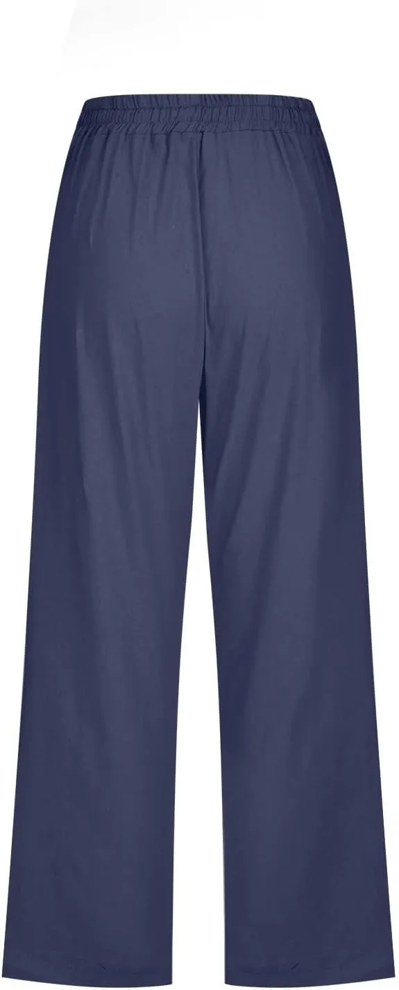 Loose Linen Capri Pants For Women High Waisted Loose Yoga Sweatpants Summer Drawstring Cropped Trouser with Pockets