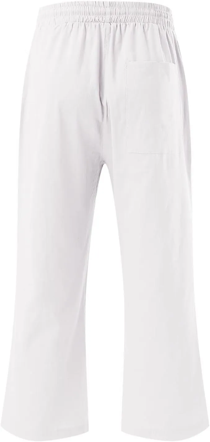 Loose Linen Capri Pants For Women High Waisted Loose Yoga Sweatpants Summer Drawstring Cropped Trouser with Pockets