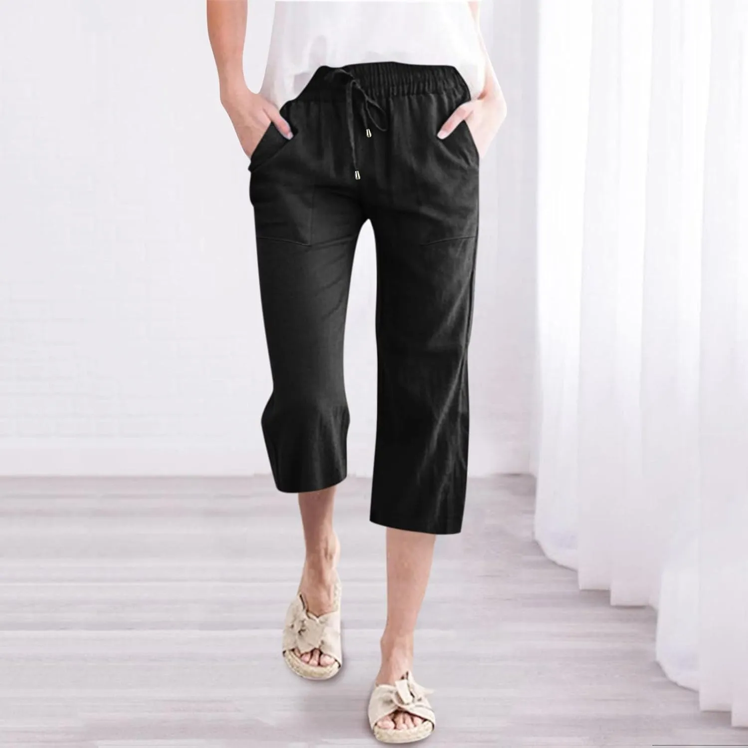 Loose Linen Capri Pants For Women High Waisted Loose Yoga Sweatpants Summer Drawstring Cropped Trouser with Pockets