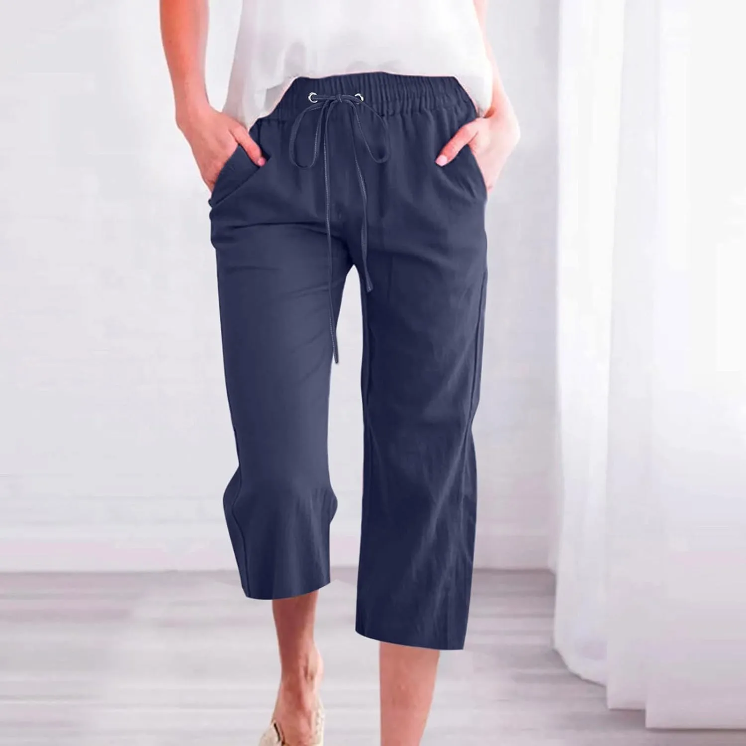 Loose Linen Capri Pants For Women High Waisted Loose Yoga Sweatpants Summer Drawstring Cropped Trouser with Pockets