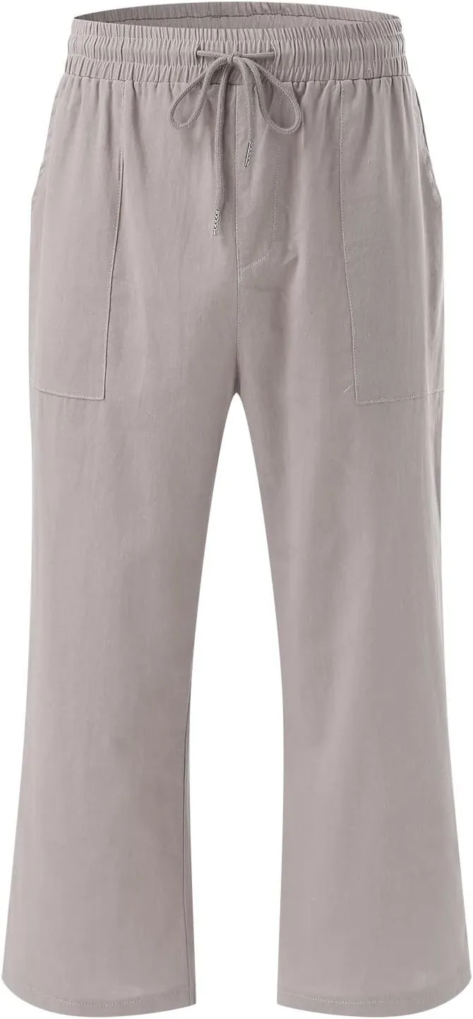 Loose Linen Capri Pants For Women High Waisted Loose Yoga Sweatpants Summer Drawstring Cropped Trouser with Pockets