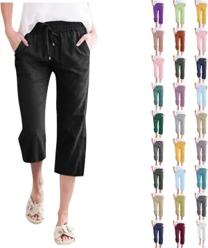 Loose Linen Capri Pants For Women High Waisted Loose Yoga Sweatpants Summer Drawstring Cropped Trouser with Pockets