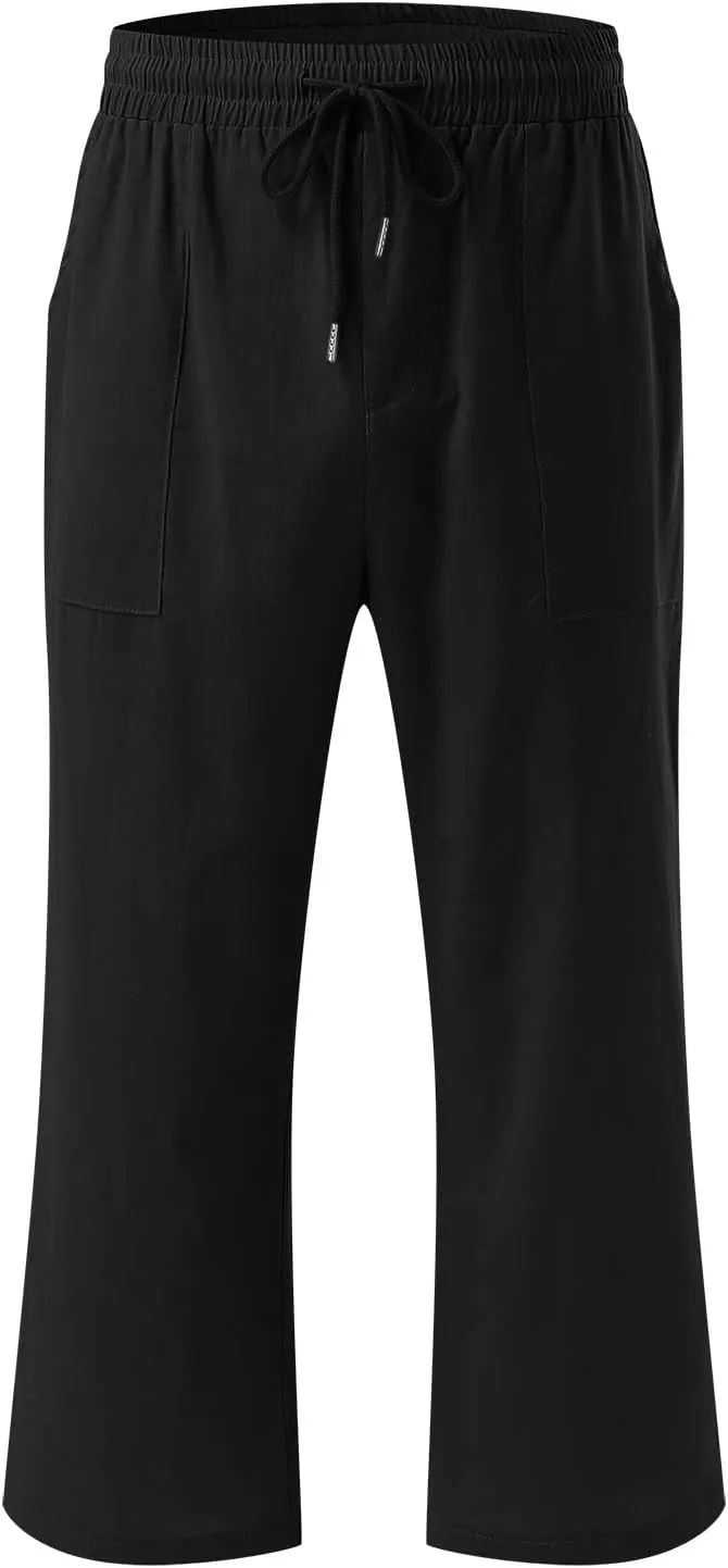 Loose Linen Capri Pants For Women High Waisted Loose Yoga Sweatpants Summer Drawstring Cropped Trouser with Pockets