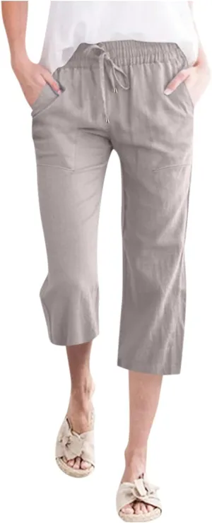 Loose Linen Capri Pants For Women High Waisted Loose Yoga Sweatpants Summer Drawstring Cropped Trouser with Pockets