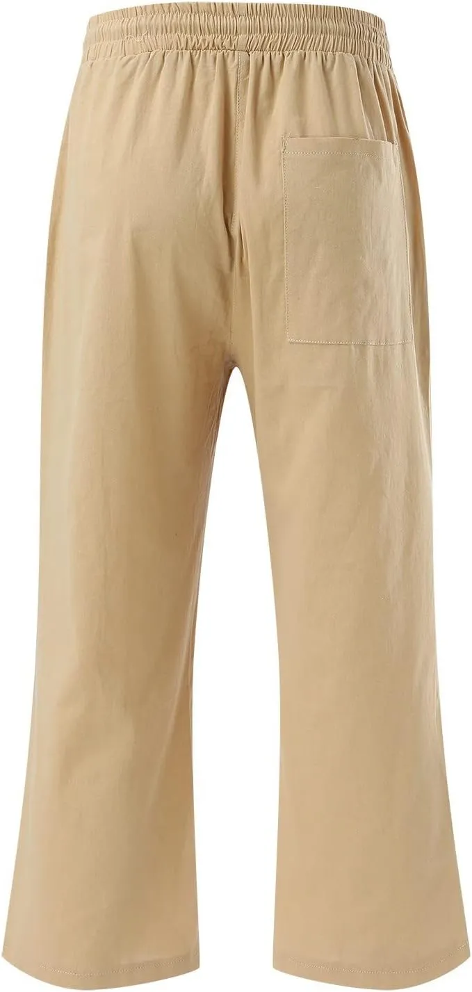Loose Linen Capri Pants For Women High Waisted Loose Yoga Sweatpants Summer Drawstring Cropped Trouser with Pockets