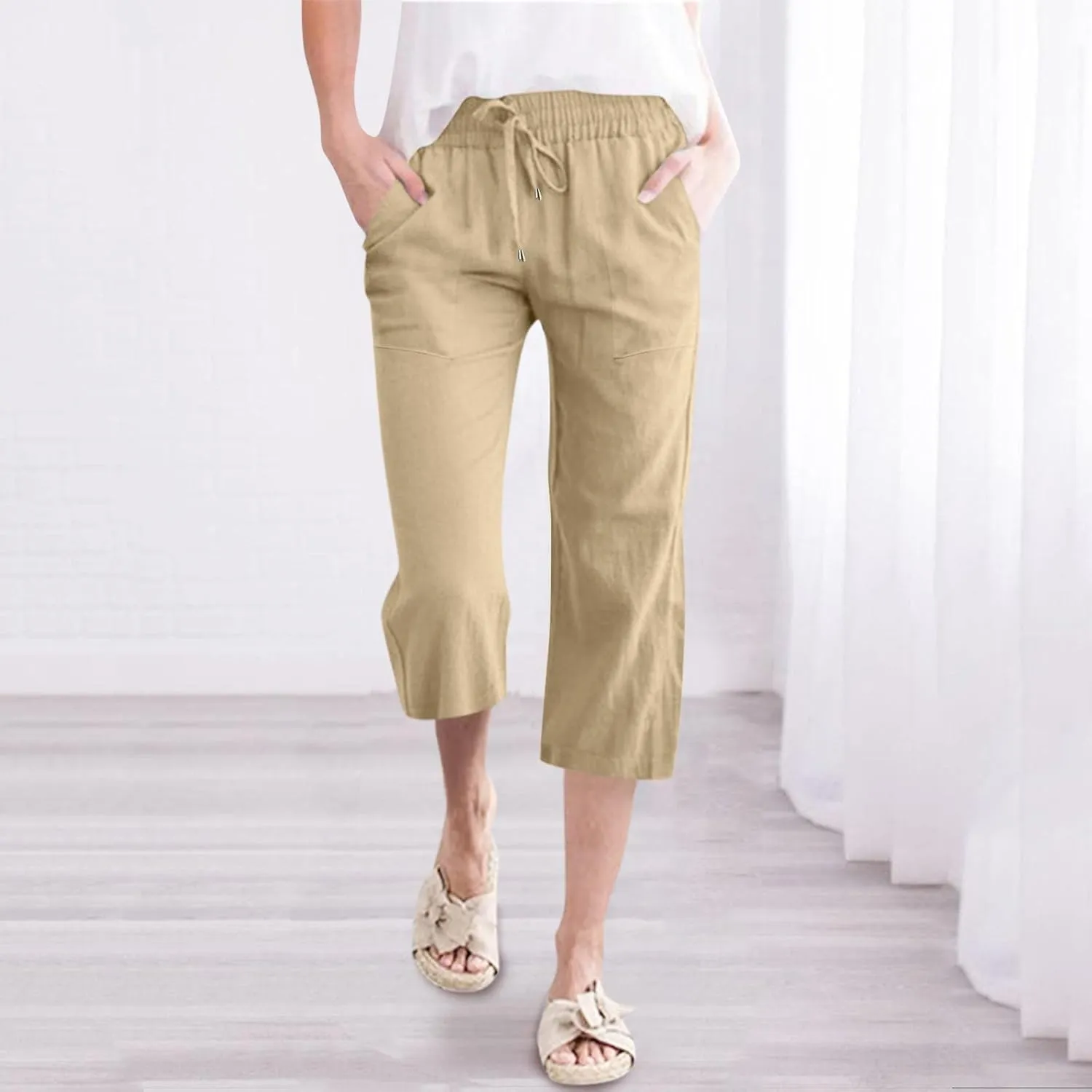 Loose Linen Capri Pants For Women High Waisted Loose Yoga Sweatpants Summer Drawstring Cropped Trouser with Pockets