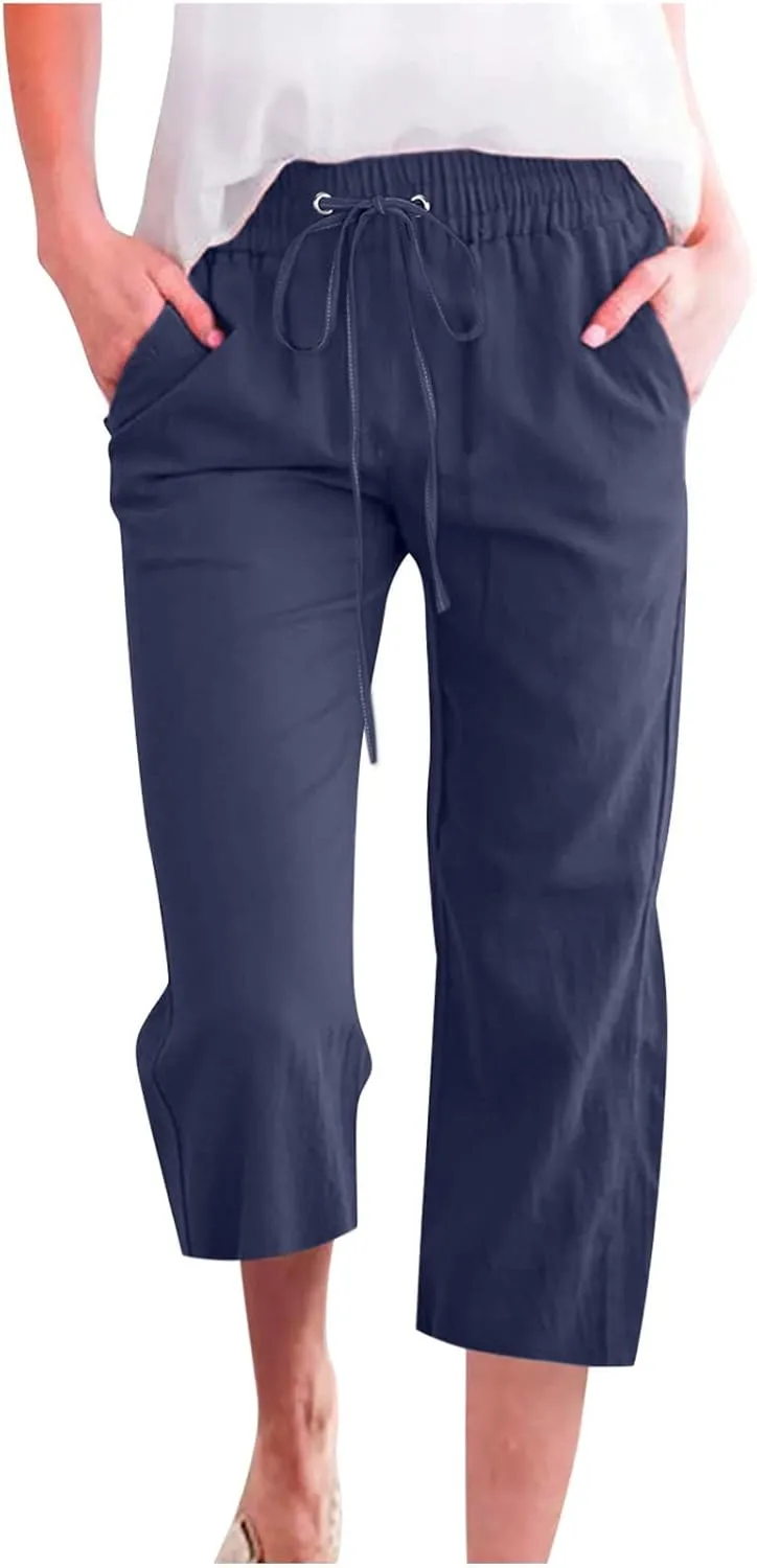 Loose Linen Capri Pants For Women High Waisted Loose Yoga Sweatpants Summer Drawstring Cropped Trouser with Pockets