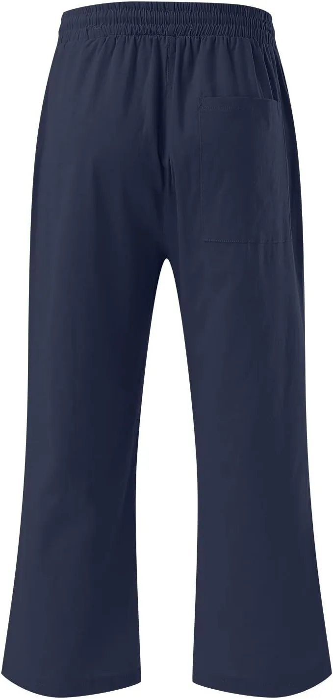 Loose Linen Capri Pants For Women High Waisted Loose Yoga Sweatpants Summer Drawstring Cropped Trouser with Pockets