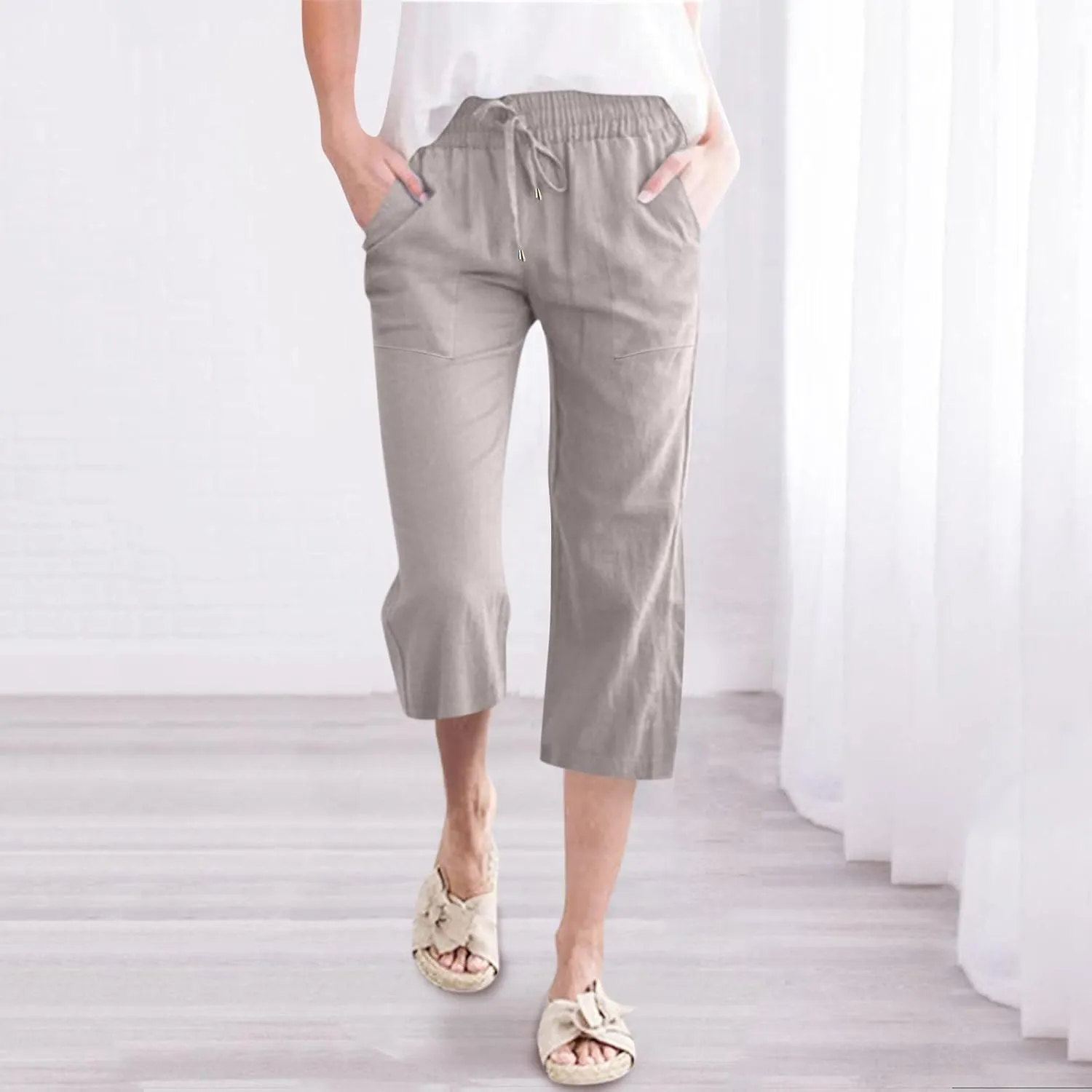 Loose Linen Capri Pants For Women High Waisted Loose Yoga Sweatpants Summer Drawstring Cropped Trouser with Pockets