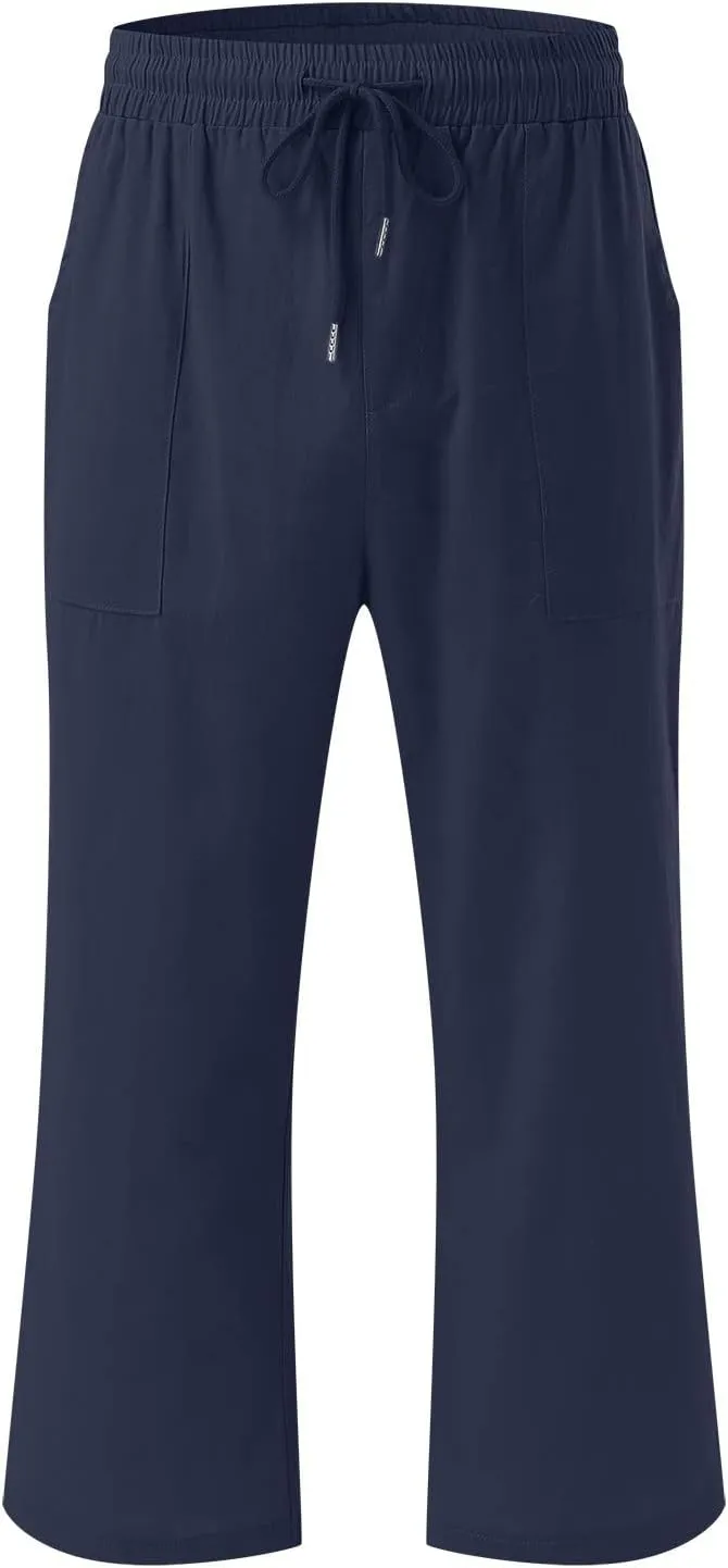Loose Linen Capri Pants For Women High Waisted Loose Yoga Sweatpants Summer Drawstring Cropped Trouser with Pockets