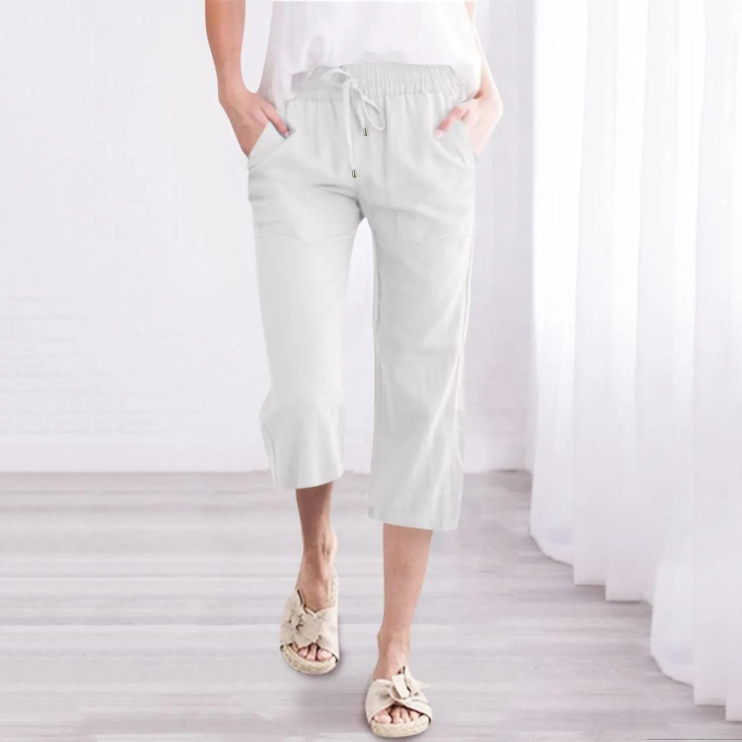 Loose Linen Capri Pants For Women High Waisted Loose Yoga Sweatpants Summer Drawstring Cropped Trouser with Pockets