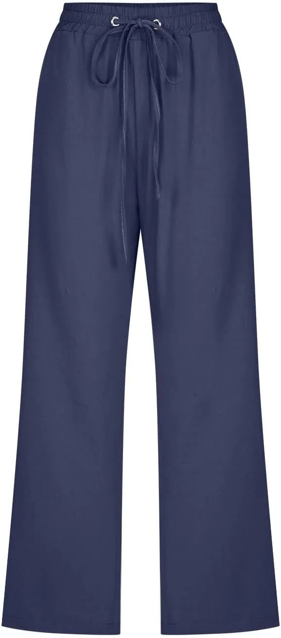 Loose Linen Capri Pants For Women High Waisted Loose Yoga Sweatpants Summer Drawstring Cropped Trouser with Pockets