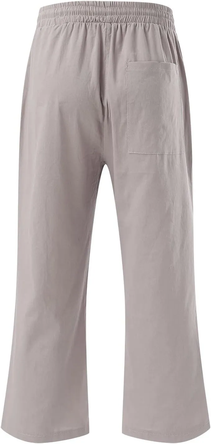 Loose Linen Capri Pants For Women High Waisted Loose Yoga Sweatpants Summer Drawstring Cropped Trouser with Pockets