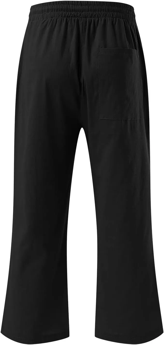 Loose Linen Capri Pants For Women High Waisted Loose Yoga Sweatpants Summer Drawstring Cropped Trouser with Pockets