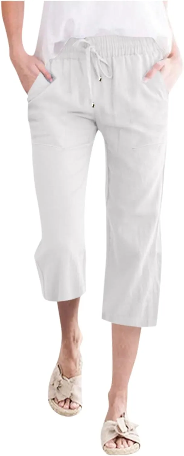 Loose Linen Capri Pants For Women High Waisted Loose Yoga Sweatpants Summer Drawstring Cropped Trouser with Pockets