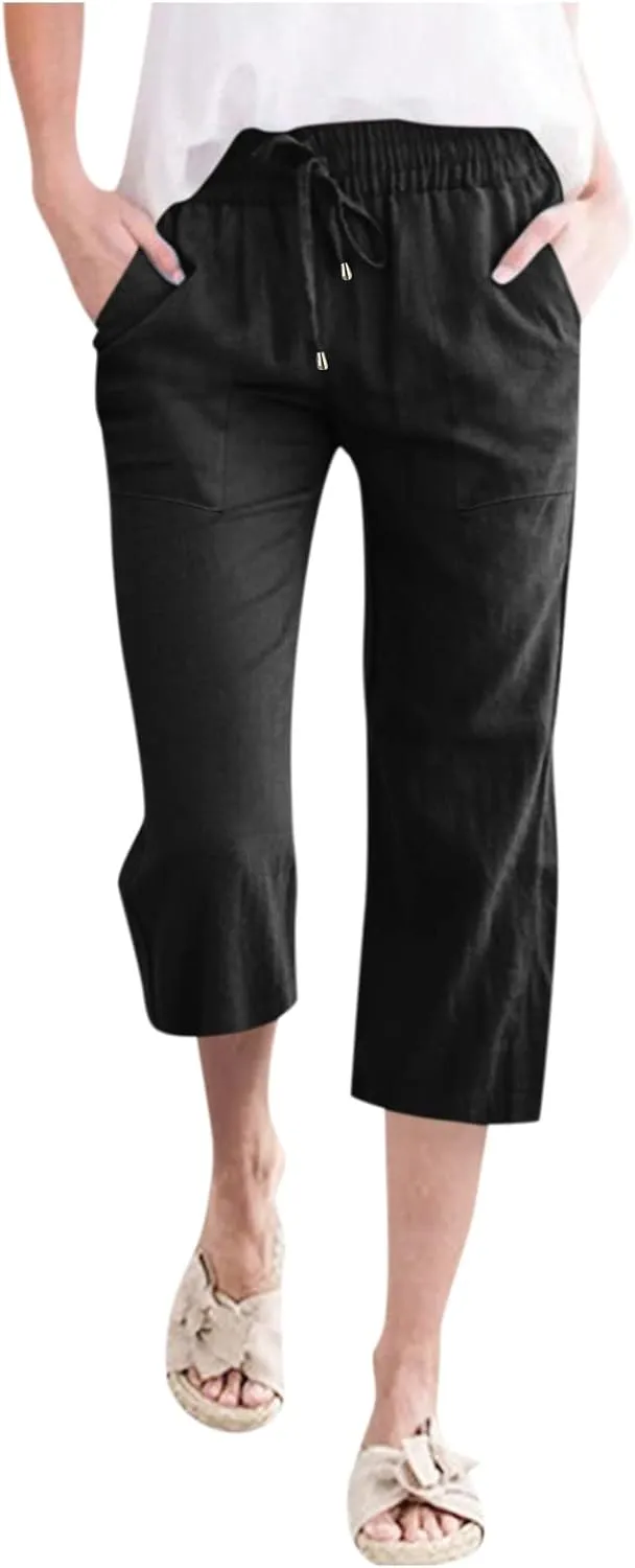 Loose Linen Capri Pants For Women High Waisted Loose Yoga Sweatpants Summer Drawstring Cropped Trouser with Pockets