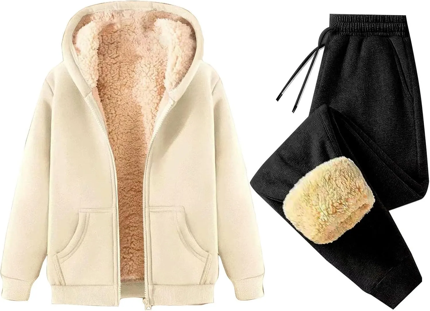 Lounge Sets for Women 2 Piece Fleece Sherpa Lined Sweatsuits Winter Warm Thick Hoodie Jogger Two Piece Tracksuit
