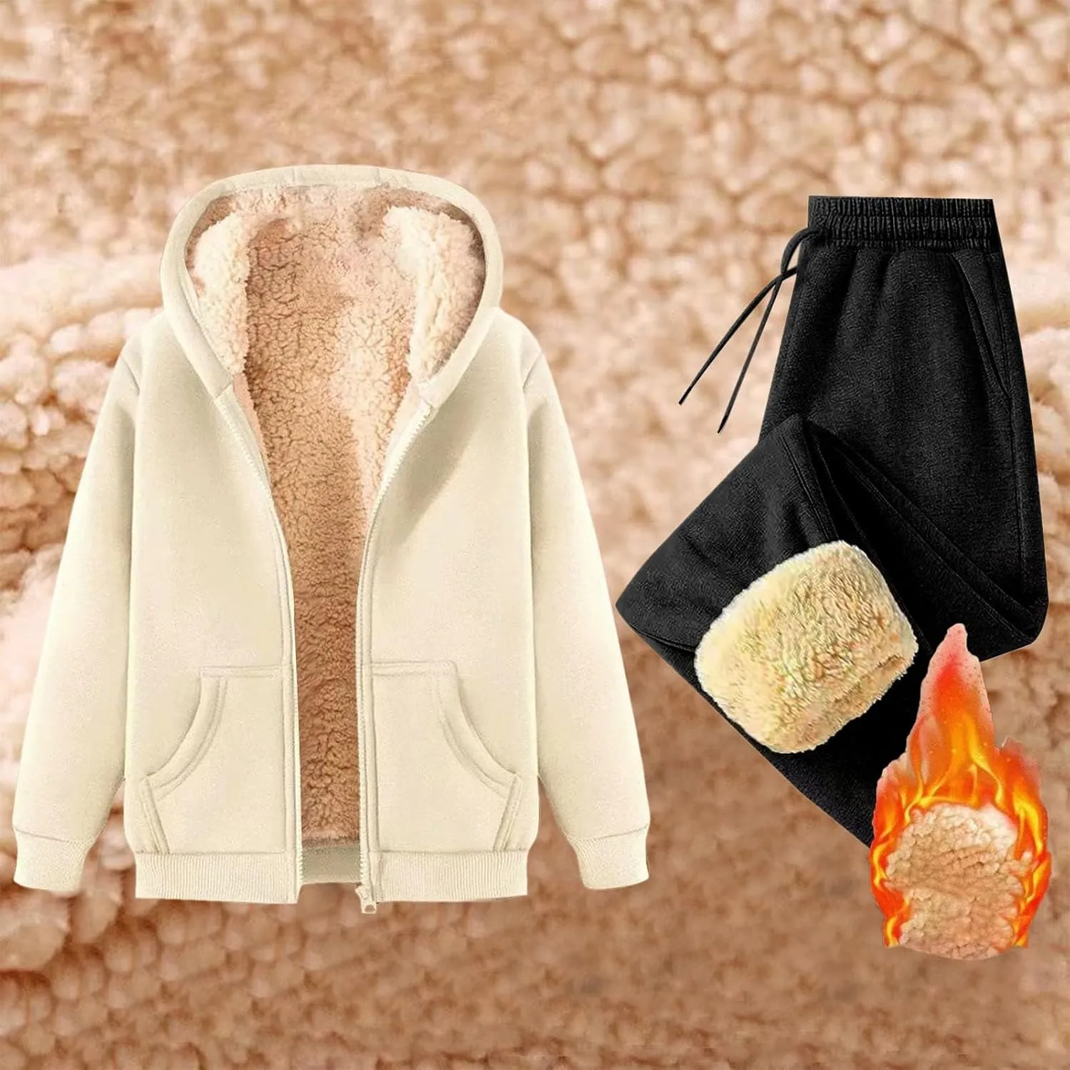 Lounge Sets for Women 2 Piece Fleece Sherpa Lined Sweatsuits Winter Warm Thick Hoodie Jogger Two Piece Tracksuit