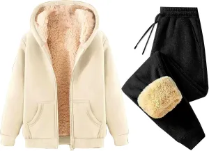Lounge Sets for Women 2 Piece Fleece Sherpa Lined Sweatsuits Winter Warm Thick Hoodie Jogger Two Piece Tracksuit