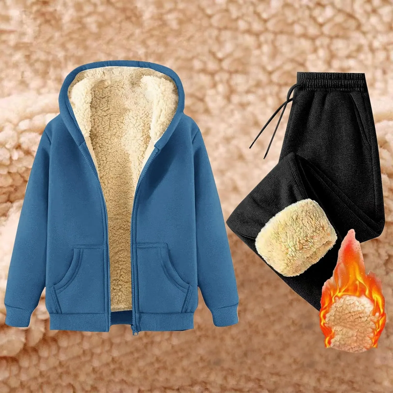 Lounge Sets for Women 2 Piece Fleece Sherpa Lined Sweatsuits Winter Warm Thick Hoodie Jogger Two Piece Tracksuit
