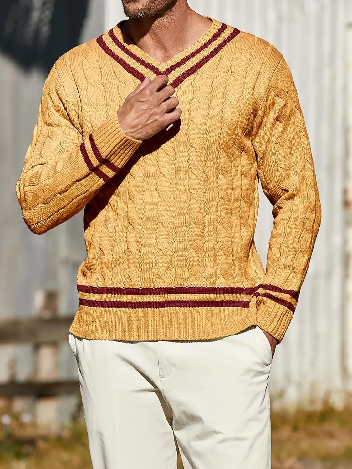 Makkrom Mens V Neck Pullover Sweaters Ribbed Knitted Cable Slim Fit Pullovers Top