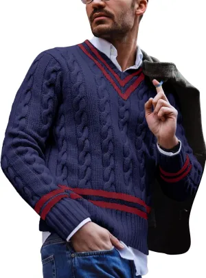 Makkrom Mens V Neck Pullover Sweaters Ribbed Knitted Cable Slim Fit Pullovers Top