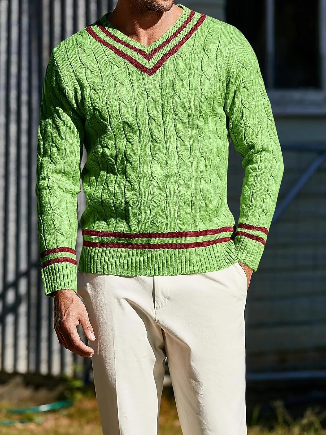 Makkrom Mens V Neck Pullover Sweaters Ribbed Knitted Cable Slim Fit Pullovers Top