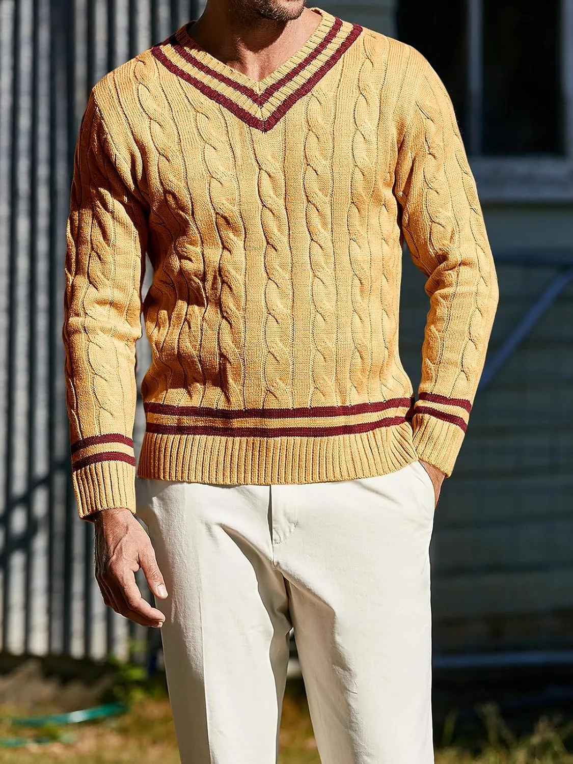 Makkrom Mens V Neck Pullover Sweaters Ribbed Knitted Cable Slim Fit Pullovers Top