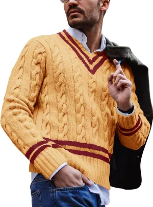 Makkrom Mens V Neck Pullover Sweaters Ribbed Knitted Cable Slim Fit Pullovers Top