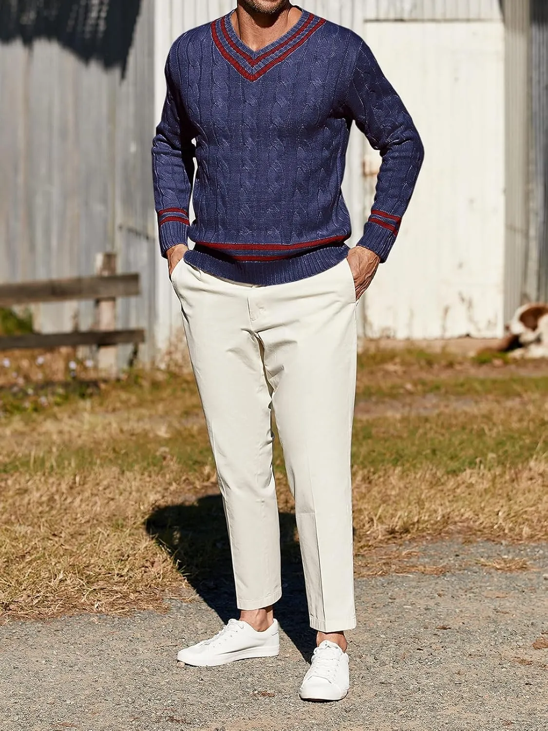 Makkrom Mens V Neck Pullover Sweaters Ribbed Knitted Cable Slim Fit Pullovers Top