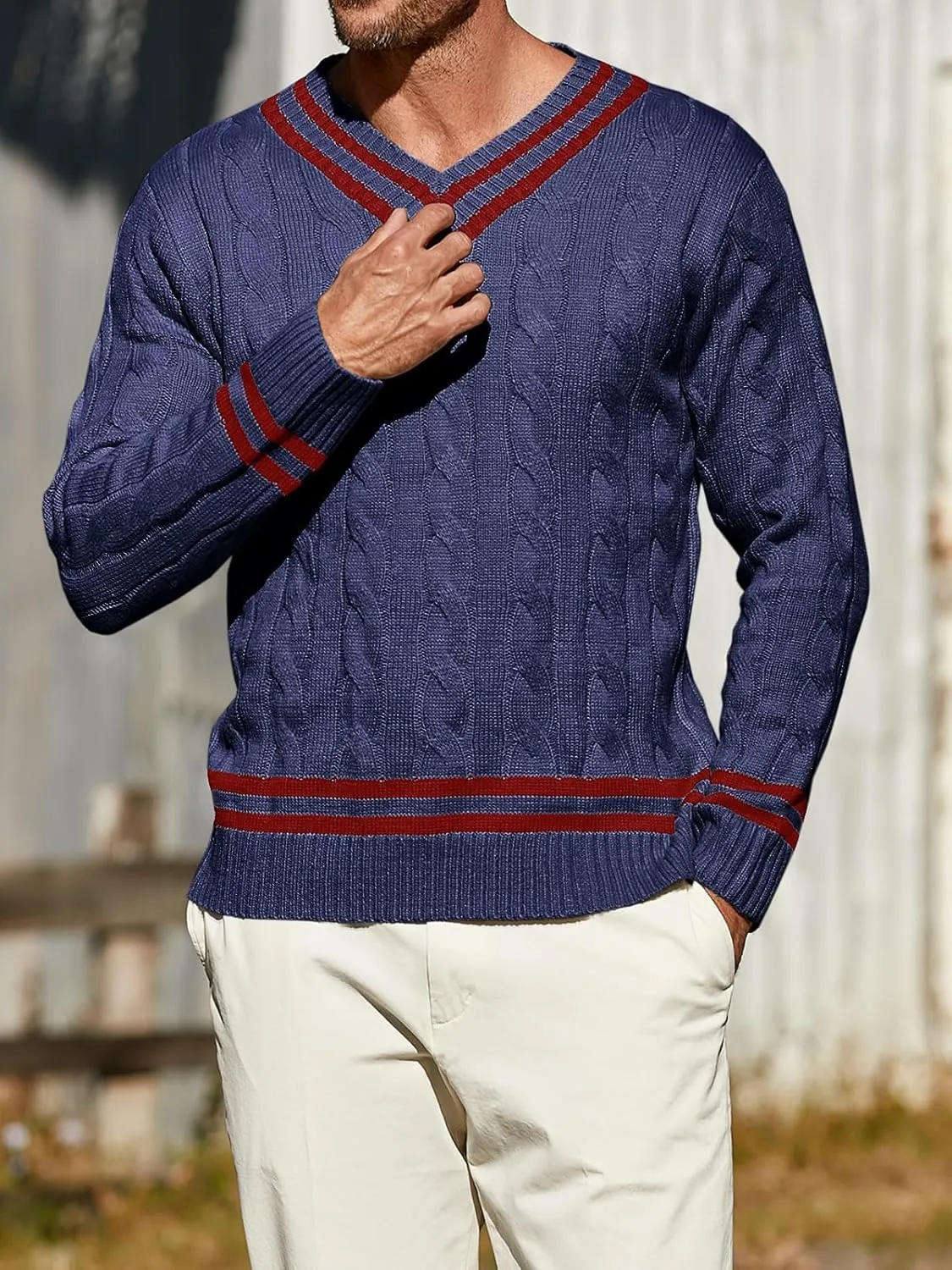 Makkrom Mens V Neck Pullover Sweaters Ribbed Knitted Cable Slim Fit Pullovers Top