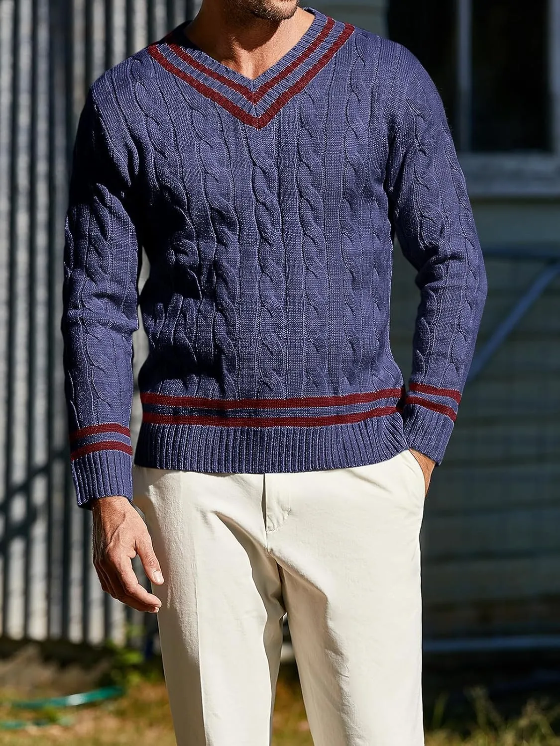 Makkrom Mens V Neck Pullover Sweaters Ribbed Knitted Cable Slim Fit Pullovers Top