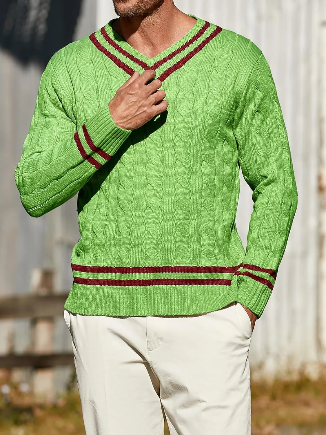 Makkrom Mens V Neck Pullover Sweaters Ribbed Knitted Cable Slim Fit Pullovers Top