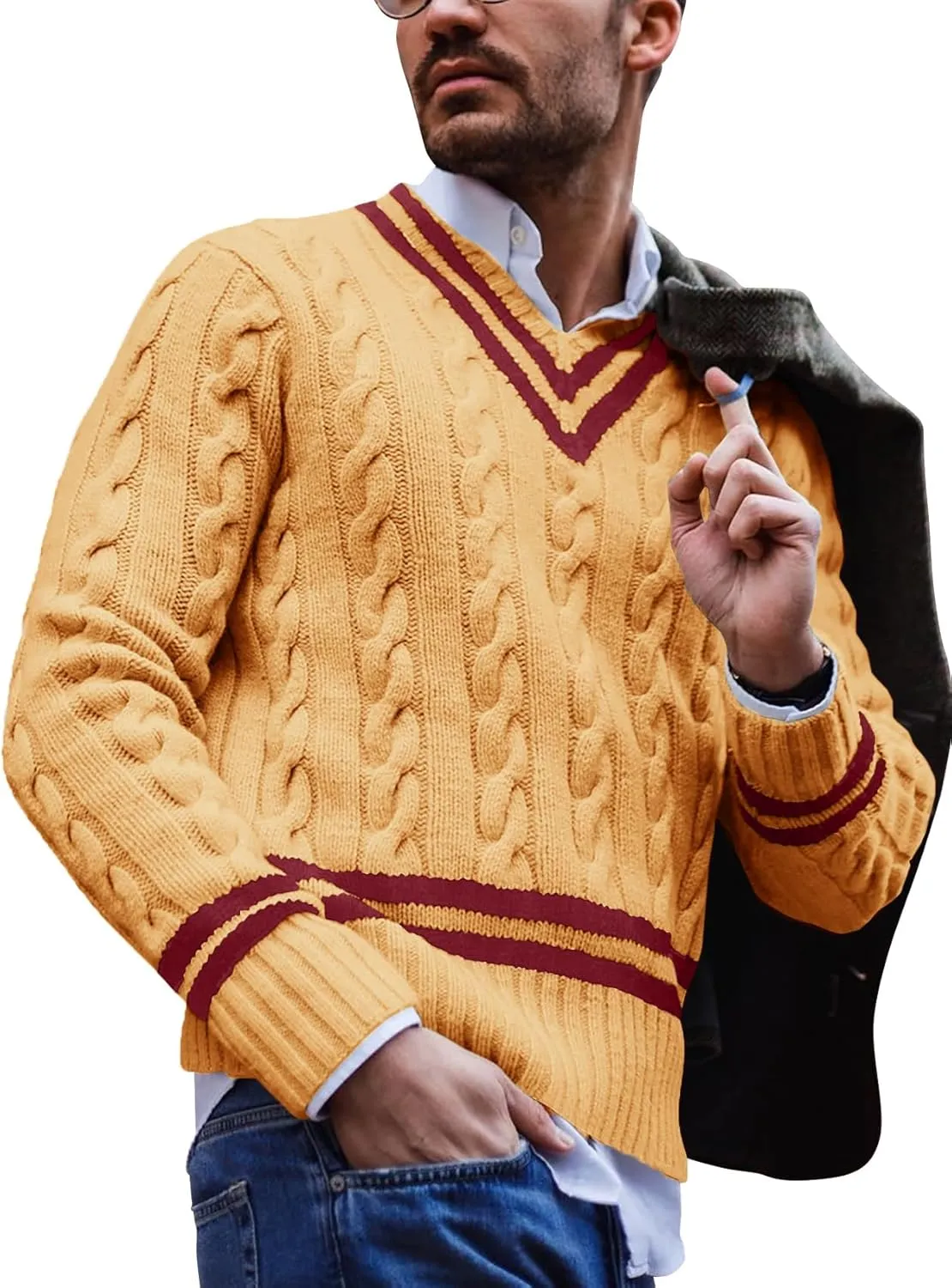 Makkrom Mens V Neck Pullover Sweaters Ribbed Knitted Cable Slim Fit Pullovers Top