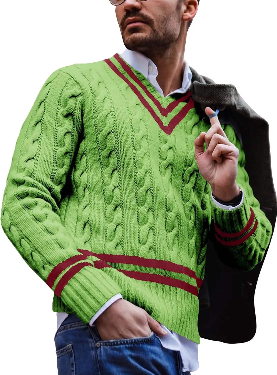 Makkrom Mens V Neck Pullover Sweaters Ribbed Knitted Cable Slim Fit Pullovers Top