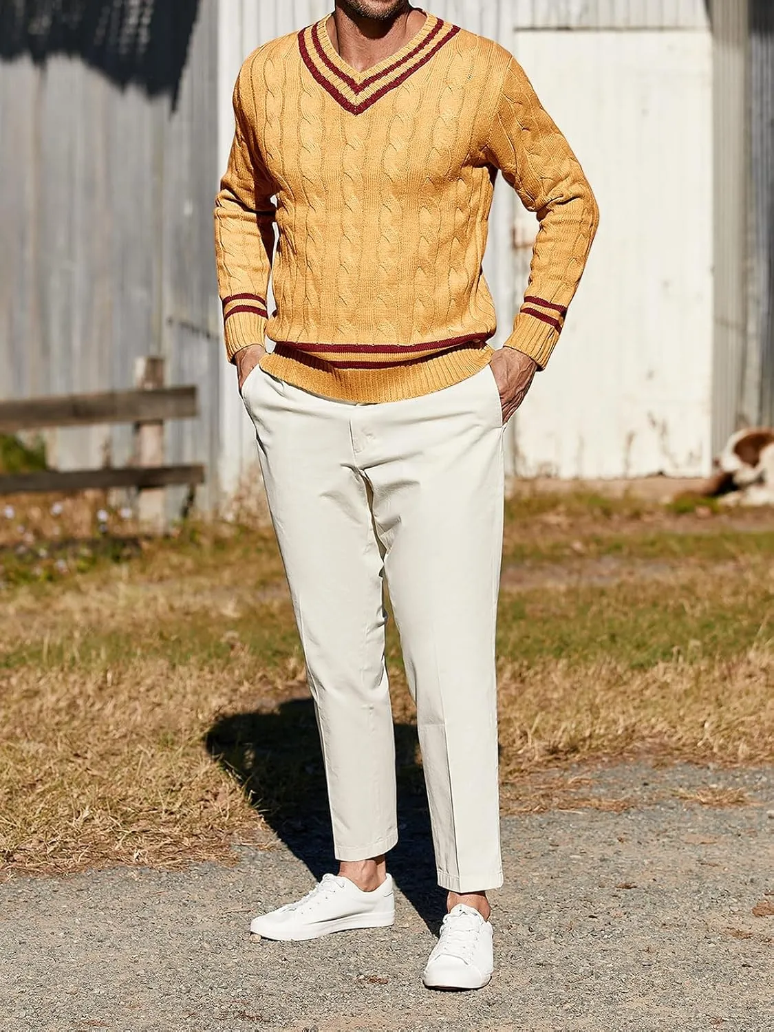 Makkrom Mens V Neck Pullover Sweaters Ribbed Knitted Cable Slim Fit Pullovers Top