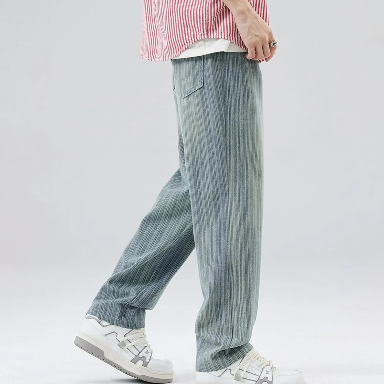 Male Vertical Stripe Retro Jeans Loose Straight Drop Wide Leg Pants E Motion Straight Fit