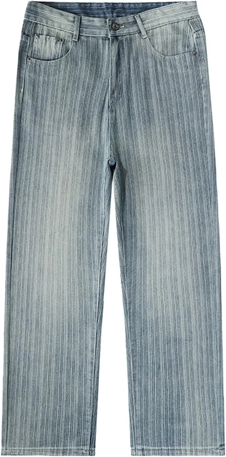 Male Vertical Stripe Retro Jeans Loose Straight Drop Wide Leg Pants E Motion Straight Fit