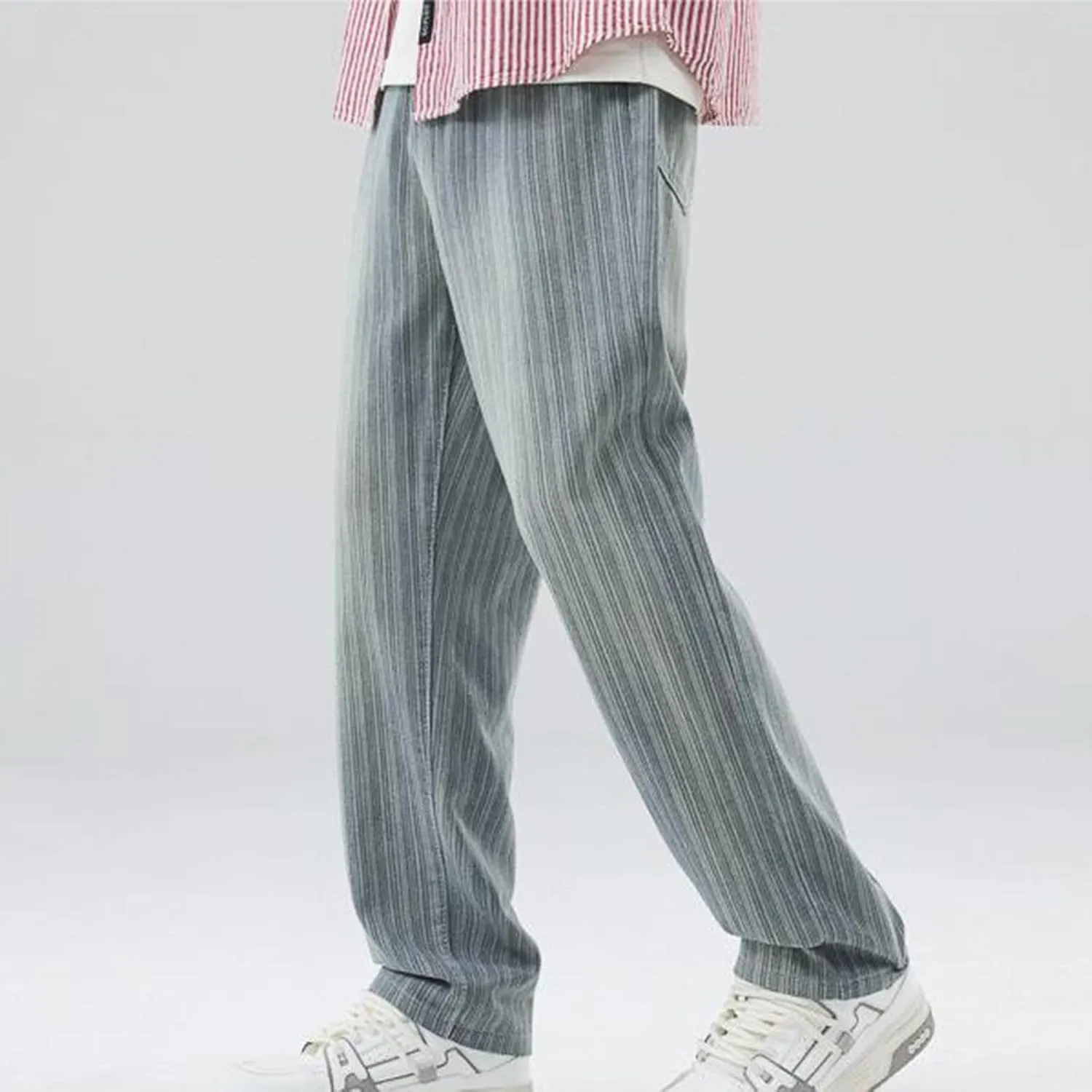 Male Vertical Stripe Retro Jeans Loose Straight Drop Wide Leg Pants E Motion Straight Fit