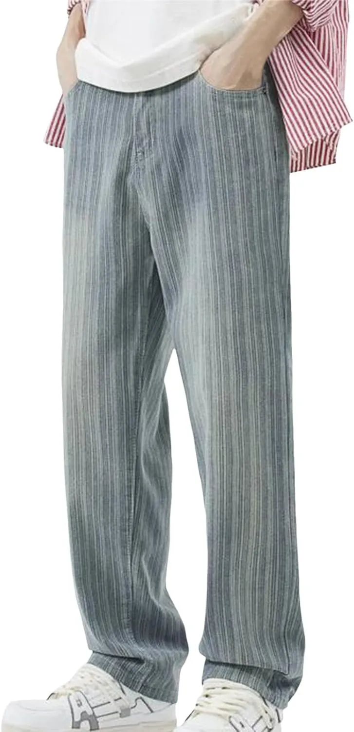 Male Vertical Stripe Retro Jeans Loose Straight Drop Wide Leg Pants E Motion Straight Fit