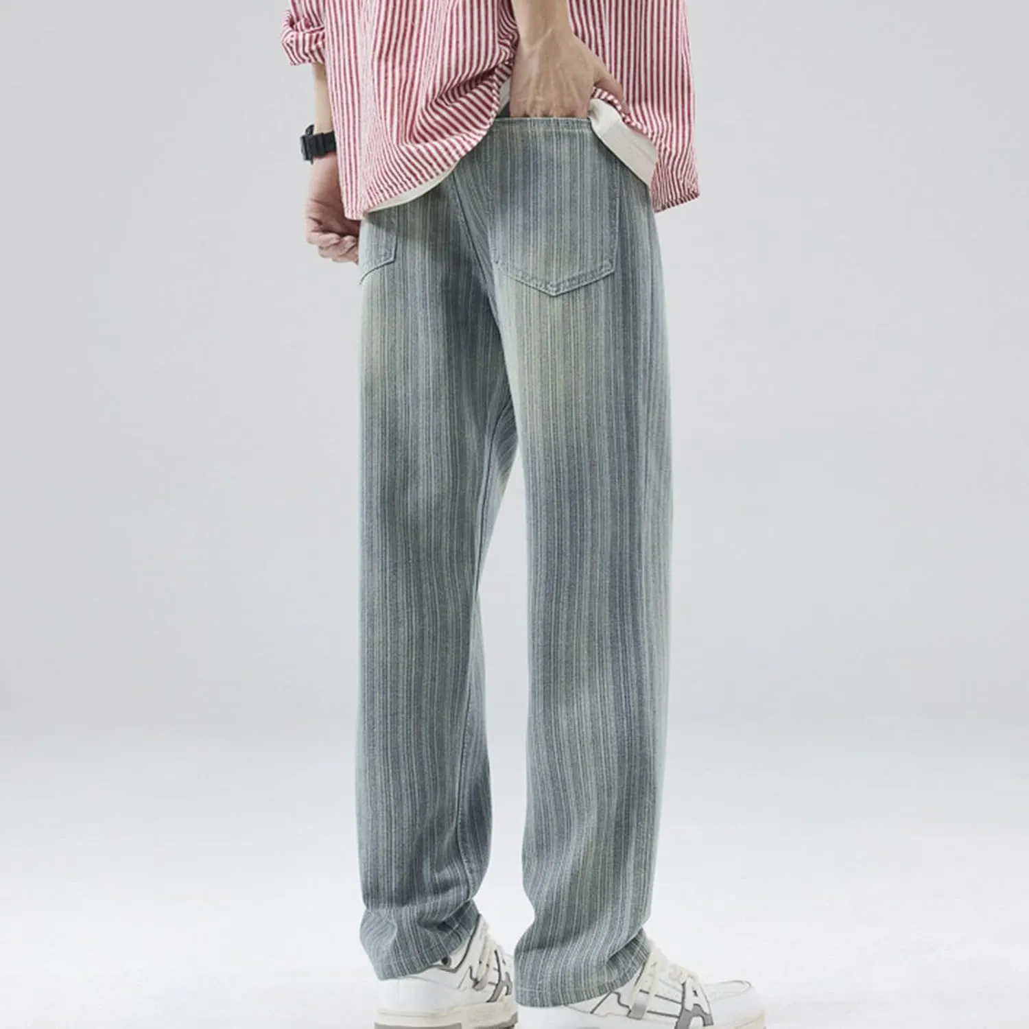 Male Vertical Stripe Retro Jeans Loose Straight Drop Wide Leg Pants E Motion Straight Fit