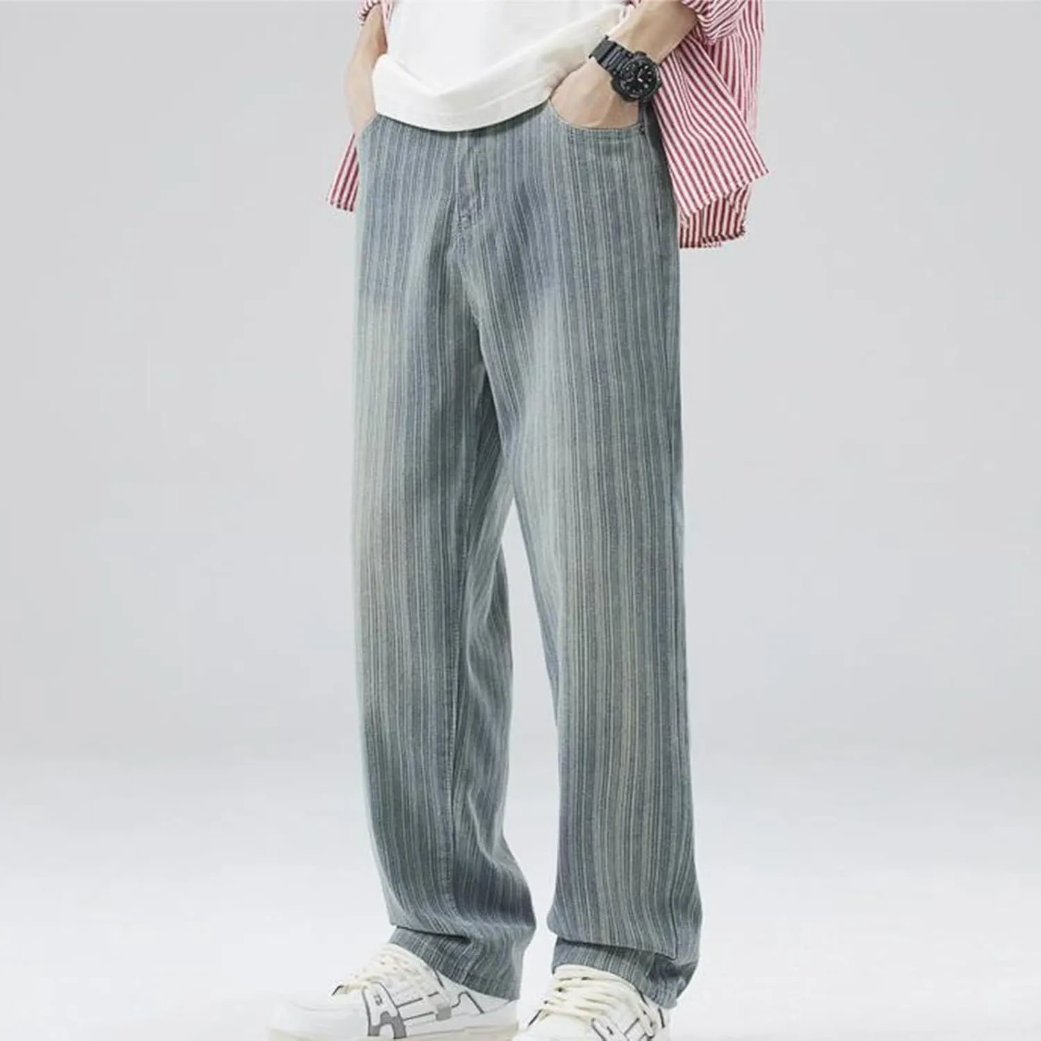 Male Vertical Stripe Retro Jeans Loose Straight Drop Wide Leg Pants E Motion Straight Fit