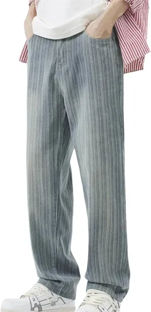 Male Vertical Stripe Retro Jeans Loose Straight Drop Wide Leg Pants E Motion Straight Fit