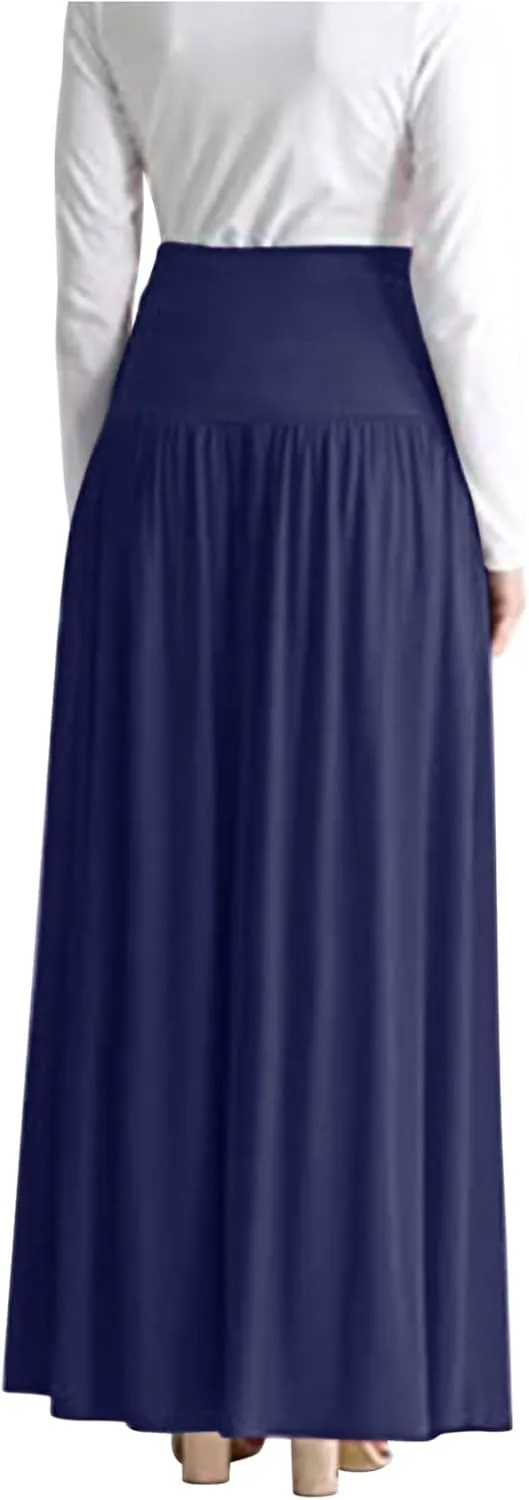 Maxi Skirts for Women, High Waisted Smocked Pleated Long Skirt with Pocket Plus Size Stretch Flowy Shirring Skirt S-4XL