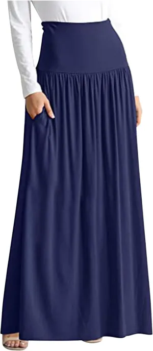 Maxi Skirts for Women, High Waisted Smocked Pleated Long Skirt with Pocket Plus Size Stretch Flowy Shirring Skirt S-4XL