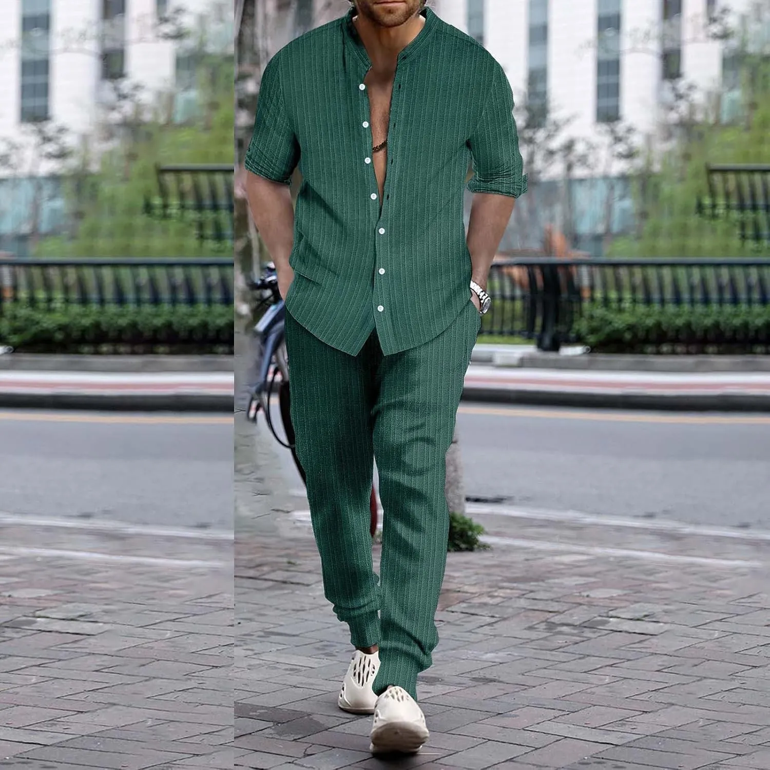 Men Casual Outfits Long Sleeve Button Shirt & Pull On Tapered Trousers Set Spring and Summer Lightweight Solid Versatile Suit