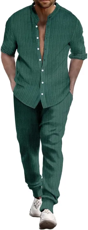 Men Casual Outfits Long Sleeve Button Shirt & Pull On Tapered Trousers Set Spring and Summer Lightweight Solid Versatile Suit