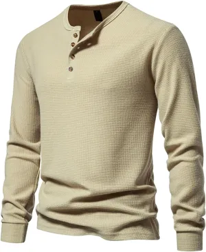 Men Casual Solid Color Pullover Long Sleeve Waffle Shirts Four Button Crew Neck T-Shirt Sports Fitness Polo Shirts
